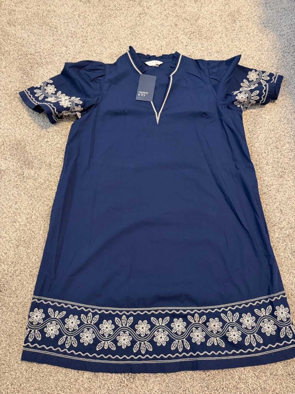 Crown and Ivy NWT Harbor Navy Dress, with floral stitching on sleeves, med